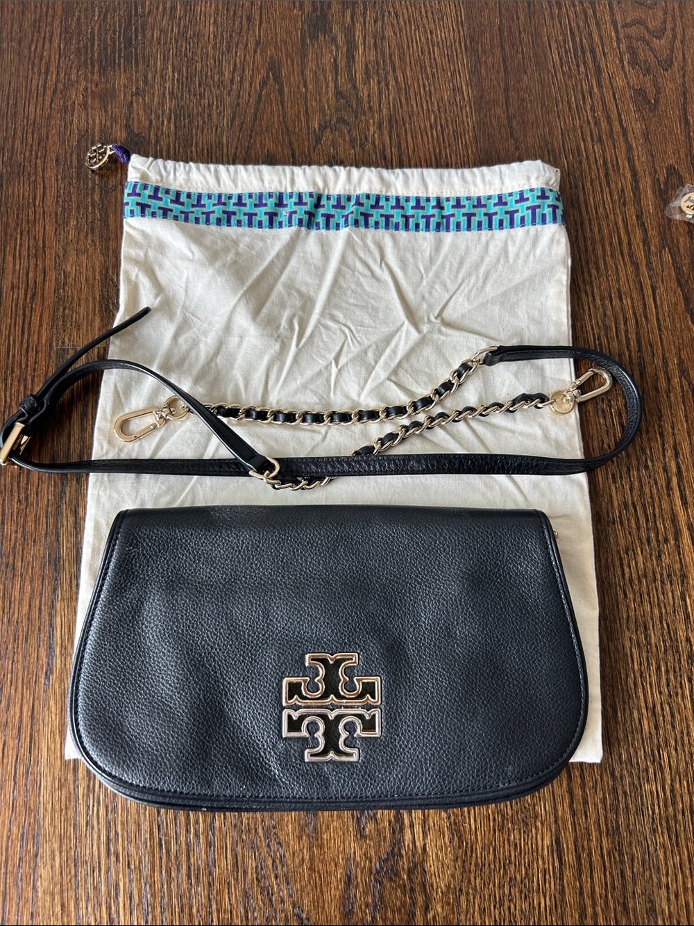 Tory Burch Black Pebbled Leather Crossbody with Gold Logo